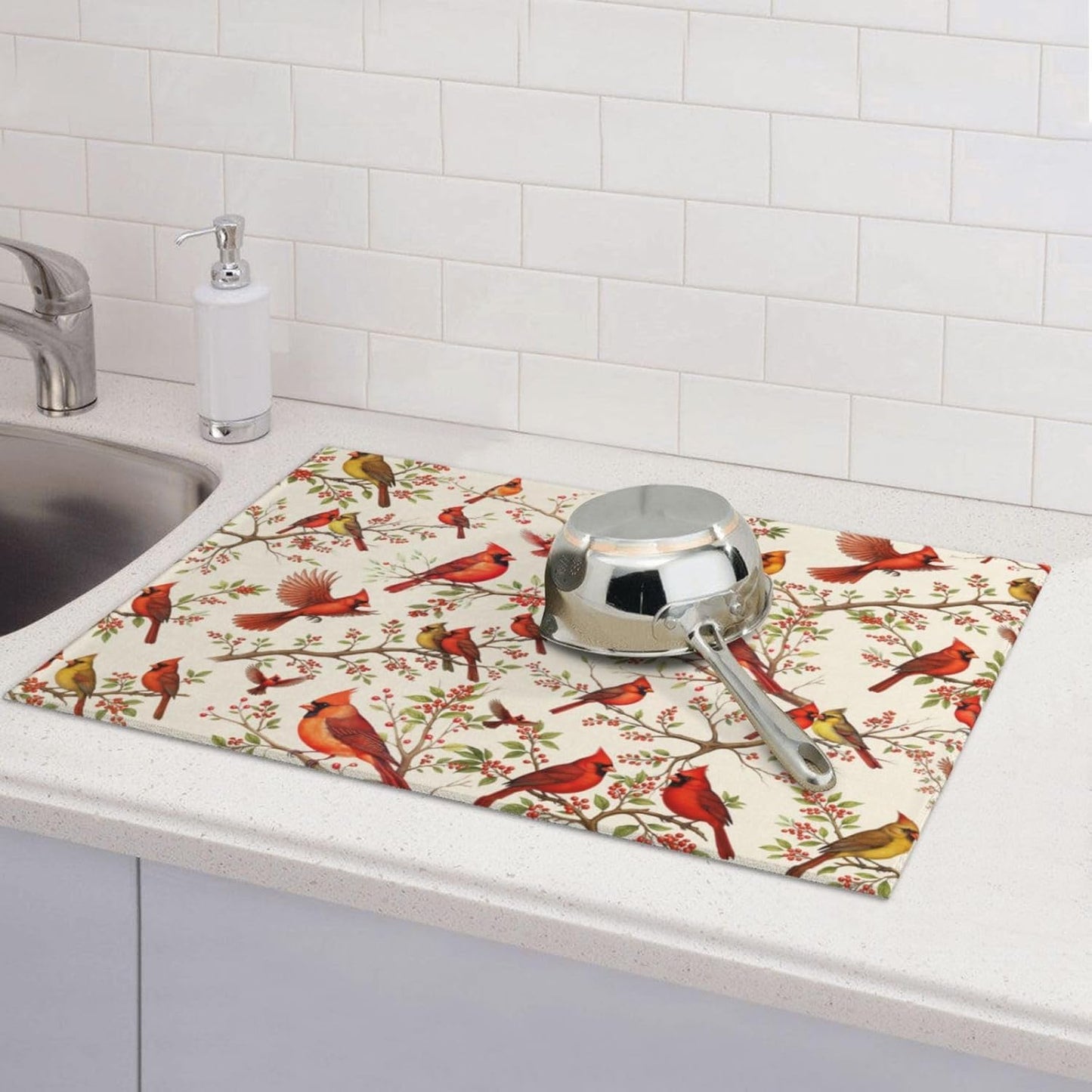 Red Cardinal Bird Floral Dish Drying Mats for Kitchen Counter & Sink, Absorbent Microfiber Cardinal Drying Pad for Dishes, 18" x 24" Foldable Kitchen Mat for Dining Area, Christmas Gifts, Home Decor