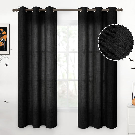 YoungsTex Black Linen Curtains 63 Inches Length for Living Room, Semi Sheer Drapes with Bronze Grommet Light Filtering Privacy for Bedroom Gothic Decorative, 42 x 63 Inch, 2 Panels