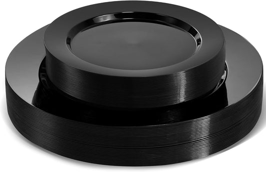 60 PCS Black Plastic Plates, Plastic Halloween Disposable Plates Include 30 10 inch Dinner Plate and 30 7 inch Dessert Plate Perfect for Party, Wedding,Halloween