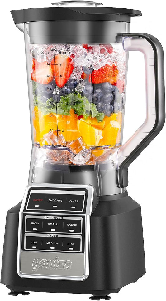 Ganiza Professional Smoothie Blender, Blenders for Smoothies with 1800 Peak Watts & 8 Auto Programs for Frozen Fruits & Ice, 64-oz Large Blender for Shakes and Smoothies (Black)