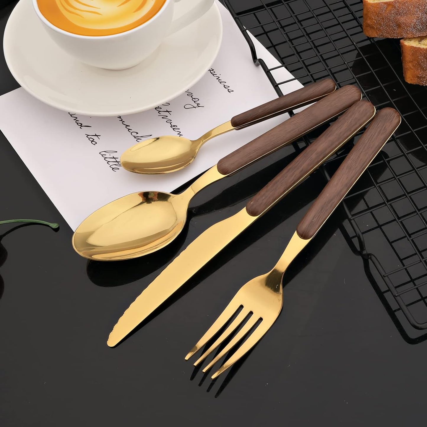 JASHII Wood Handle Flatware Set, 20 Pieces Stainless Steel Silverware Cutlery Set, Mirror Polished, Round Knife Fork Spoon Set, Dishwasher Safe - Round Head Gold