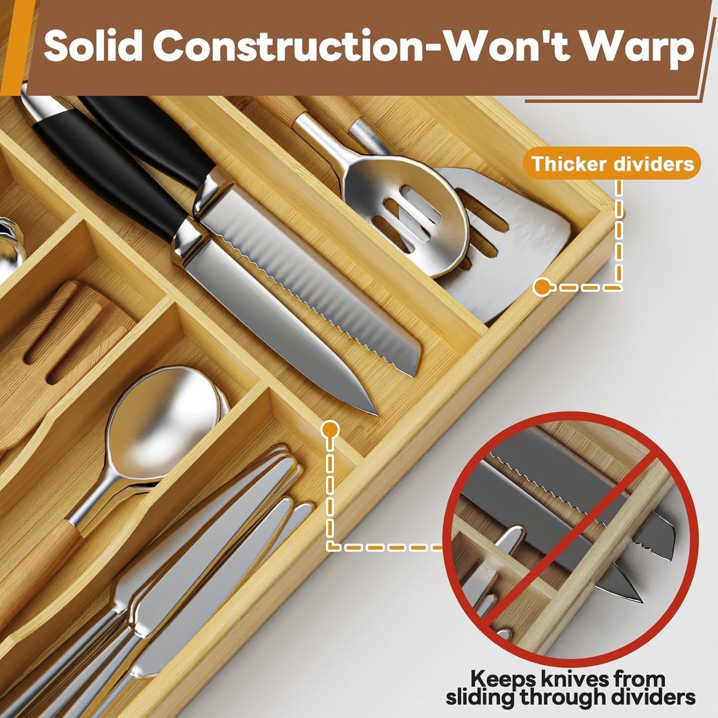 Bamboo Kitchen Silverware Drawer Organizer - 13 Inch Utensil Tray with 7 Slots and Deep Grooved Dividers for Flatware Cutlery Knives, Forks, Spoons - Kitchen Utensil Holder