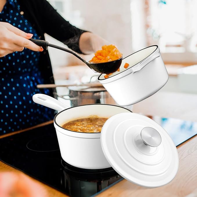 1 Qt & 2 Qt Sauce Pan Sets, Leonyo Enameled Cast Iron Sauce Pan with Lid, Small Saucepan Cast Iron Dutch Oven Kitchen Cookware for All Cooktops Cooking Pasta, Milk, Oatmeal - Up to 500°F, White