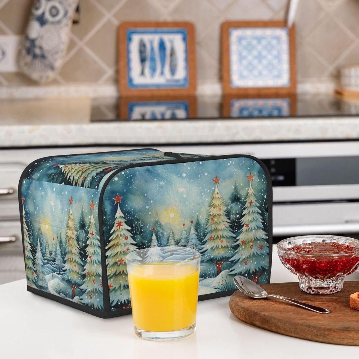 Toaster Cover 4 Slice Christmas Tree Watercolor Winter Forest Kitchen Small Appliance Covers with Pockets Dust and Fingerprint Protection
