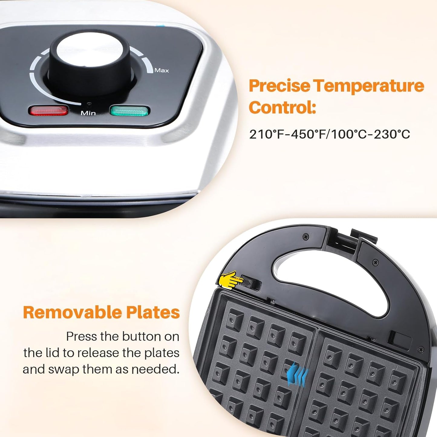 6-in-1 Waffle Maker with Removable Plates, Breakfast Sandwich Press Precise 210°F-450°F/100°C-230°C Control, Easy Clean, Meet Various Needs (6-in-1 Waffle Maker)