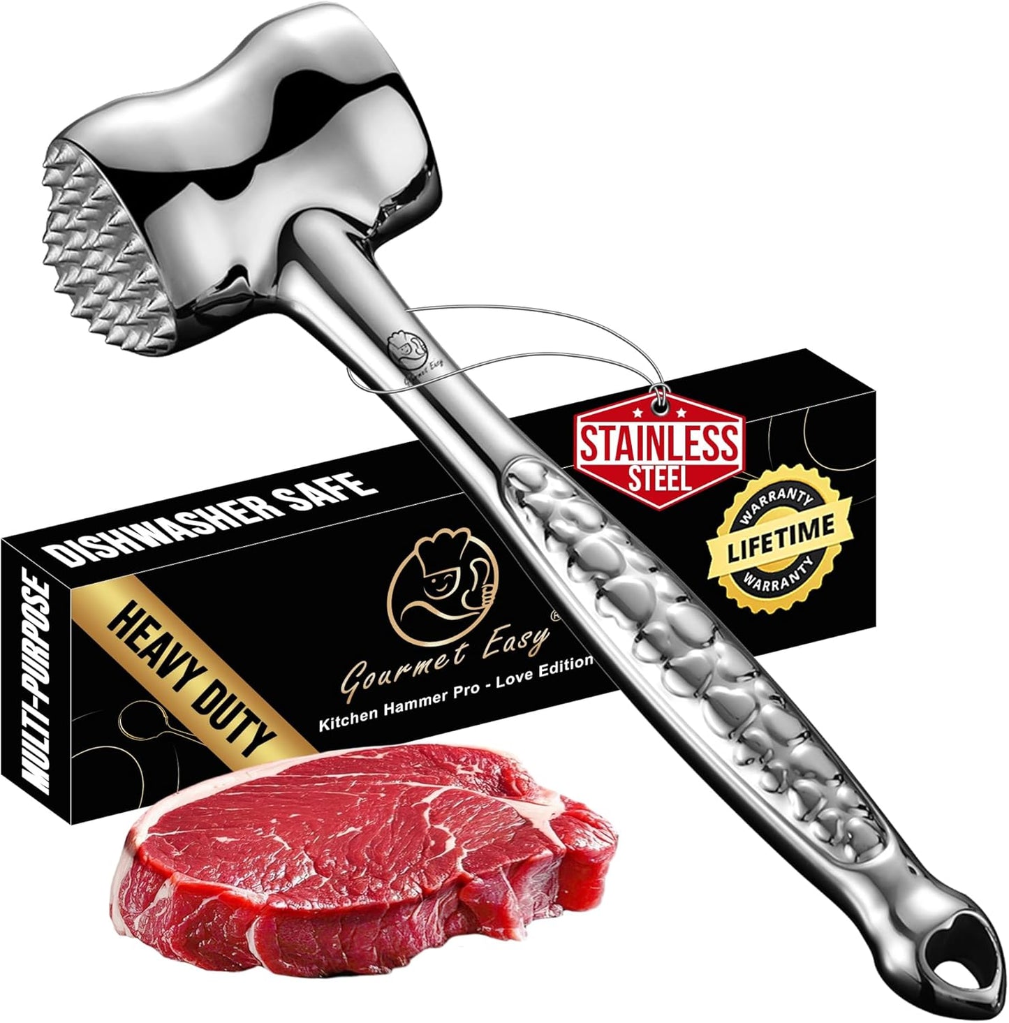 Stainless Steel Meat Tenderizer Tool, Premium Meat Mallet with Non-Slip Grip, Dual-Sided with Heart Shape Design for Tenderizing Steak, Poultry & Chicken Cutlet, Dishwasher Safe, Lifetime Replacement
