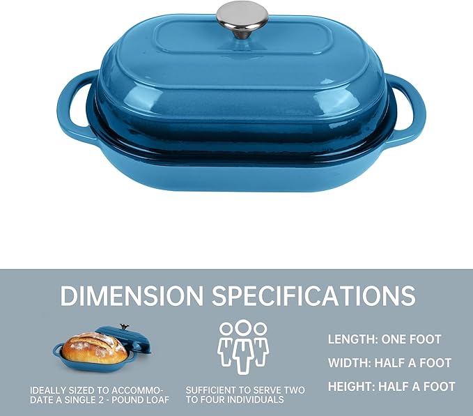 Premium Enameled Cast Iron Dutch Oven for Bread Baking | Non-Stick 2QT Oval Bread Oven with Lid | Perfect for Sourdough, Loaf, and Artisan Baking (Oval Blue, 5 QT)