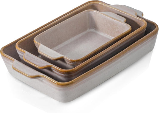 HVH 9x13 Baking Dish Set, Large Casserole Dishes for Oven, Ceramic Bakeware Set of 3, Rectangular Lasagne Pan Deep for Baking (Sand Color)