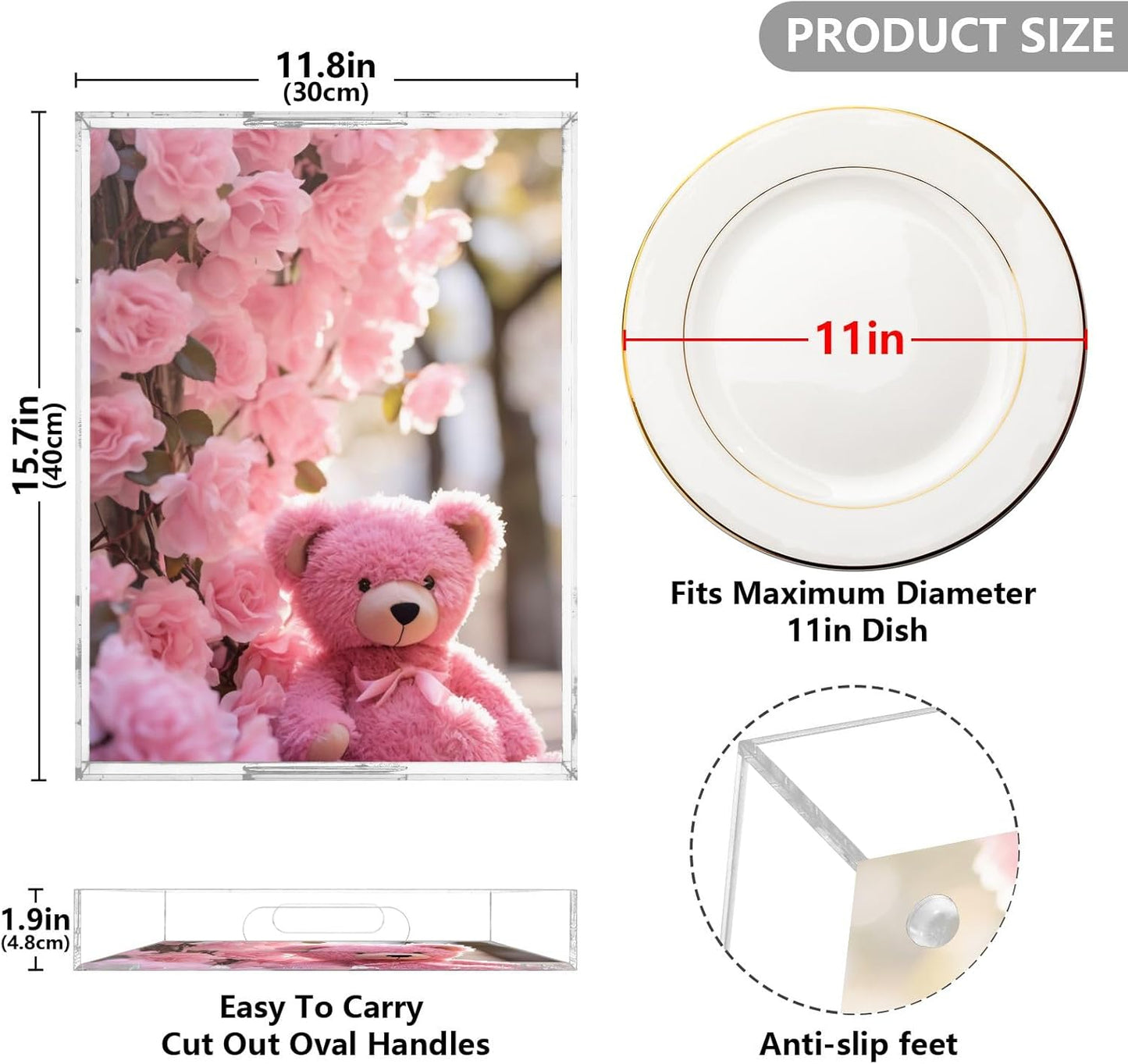 Plastic Food Serving Tray Decorative Vanity Trays for Bathroom Pink Bear Flower Coffee Table Kitchen Counter 11.8 * 15.7in