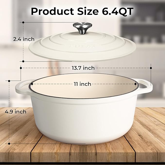 Zulay Kitchen 6 Quart Enameled Cast Iron Dutch Oven Pot with Lid – Premium Durability & Oven Safe up to 500°F – Heavy Duty Cookware Perfect for Bread Baking, Stews, Braising & Roasting – White