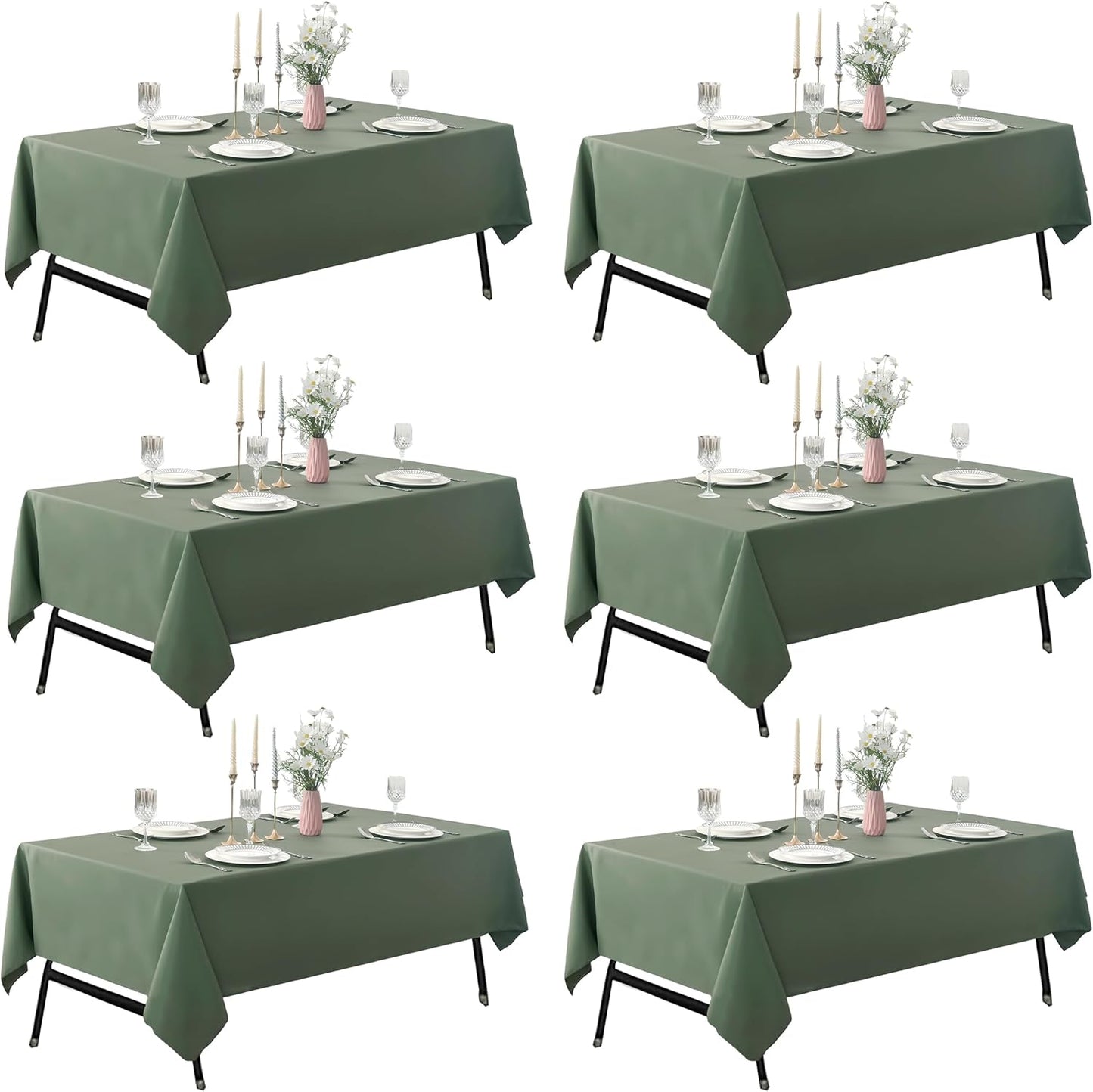 6-Pack 60x84 inch Sage Green Table Cloths, Solid Stain and Wrinkle Resistant Oblong Tablecloth, Premium Plain Weave Polyester Fabric Rectangle Table Linen Covers for Hotel, Banquet