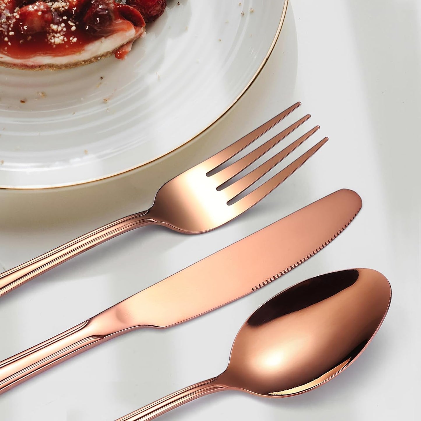 20 Pieces Rose Gold Flatware Set for 4 Person Luxury Stainless Steel Cutlery Forks Knives Spoons Modern Eating Utensils Double Line Edges Handle