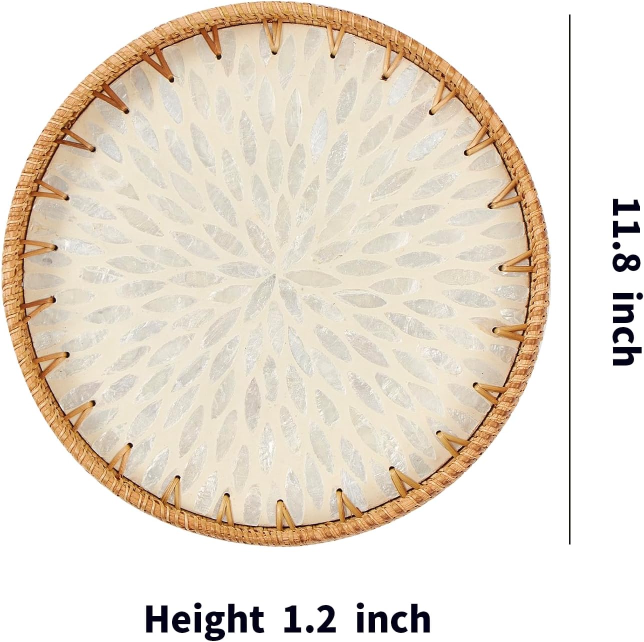 Round Rattan Tray with Mother of Pearl Inlay, Rattan Serving Tray with Wooden Base, Decorative Wicker Basket for Table Decor, Storage and Display of Coffee Bread Food Fruit (Leaf 2)