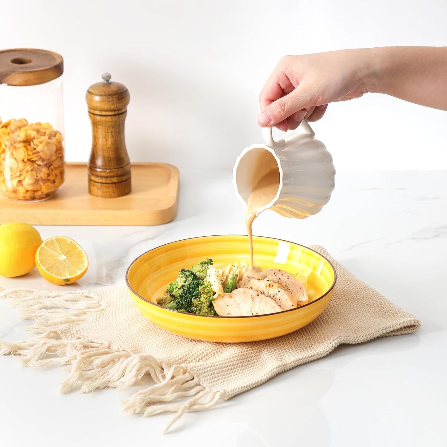 KitchenTour Pasta Bowls, Ceramic Salad Bowls Serving Bowl Set 26 oz, 8 Inch Colorful Porcelain Wide and Shallow Bowls Set - Dishwasher and Microwave Safe - Set of 6