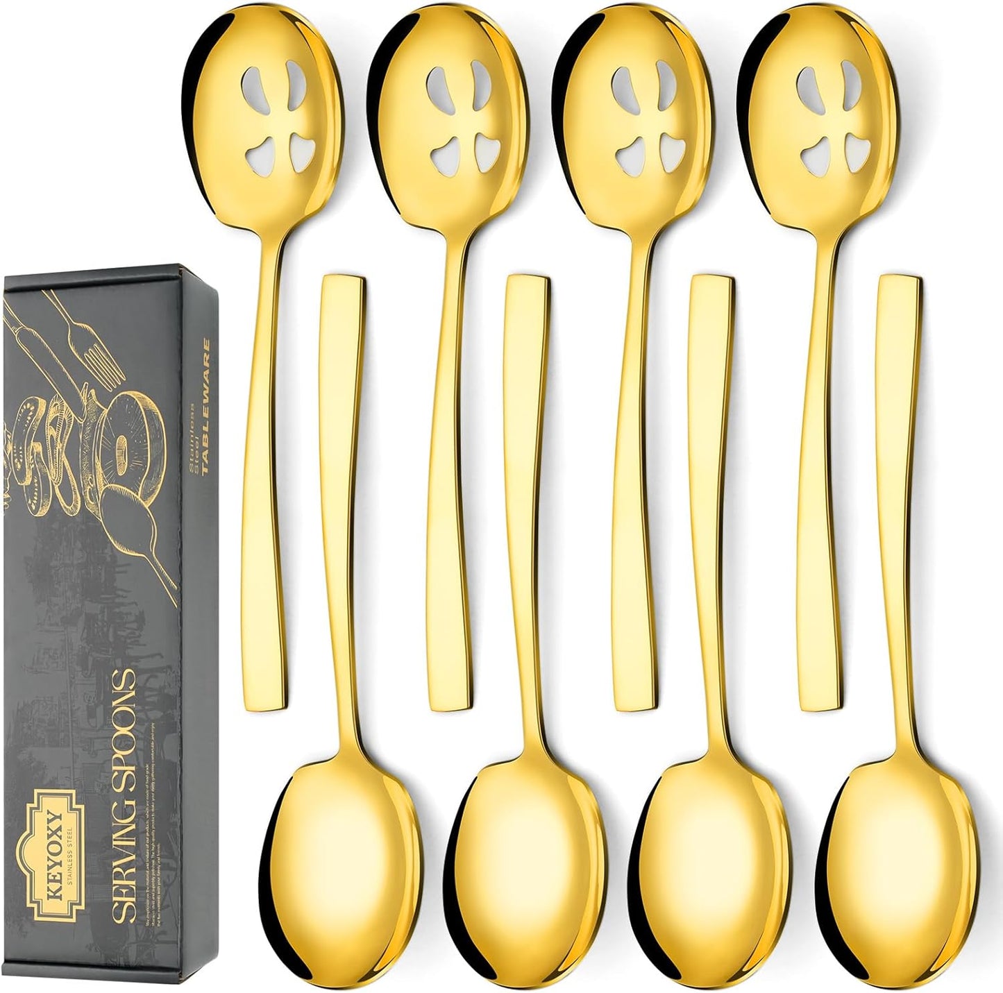 8 Piece Stainless Steel Serving Spoons Set - 4 Large, 4 Slotted, 9.2-Inch, Dishwasher Safe, for Parties/Kitchen/Buffet/Catering,Gold