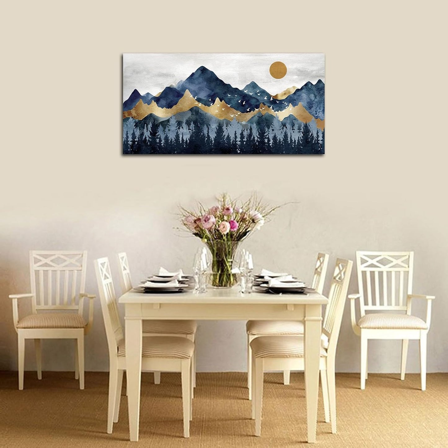Abstract Nordic Canvas Wall Art - Indigo Blue and Brown Mountain Forest Picture Wall Decor Sun Birds Canvas Painting Nature Landscape Prints Artwork for Living Room Bedroom Decoration 20" x 40"