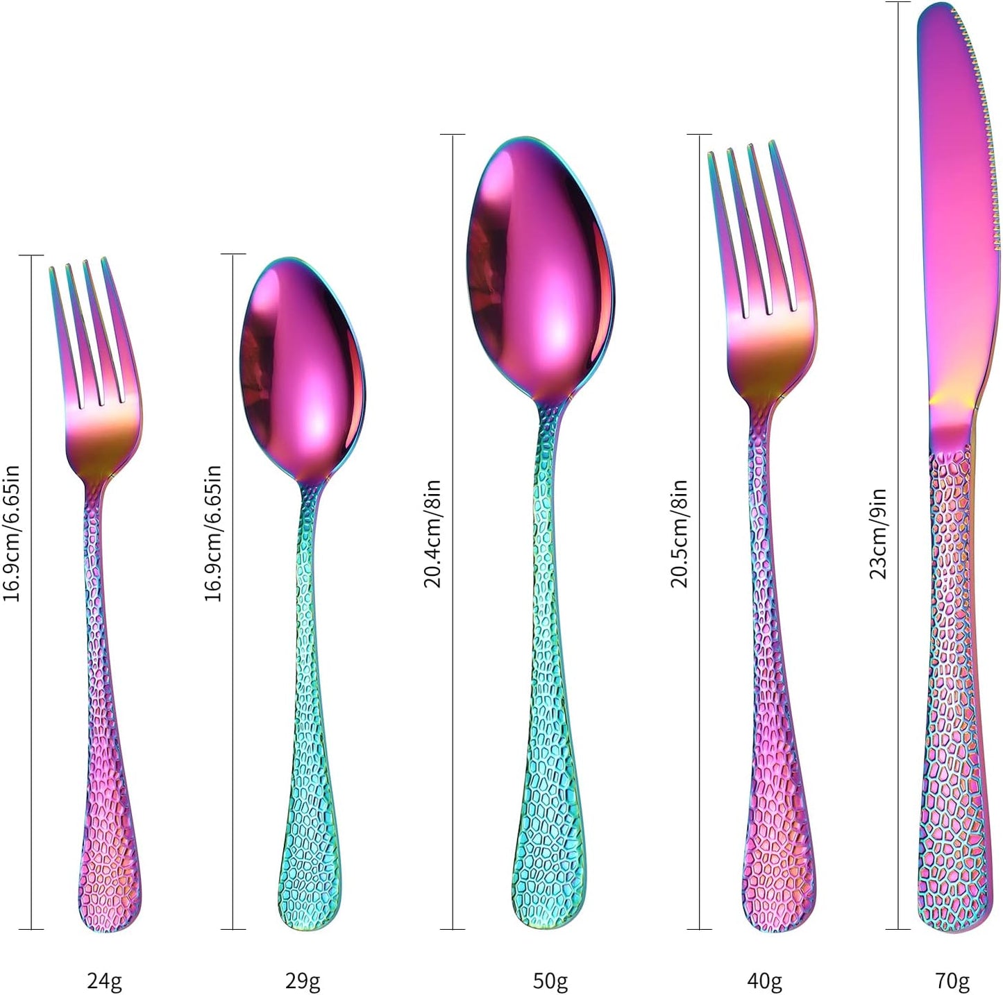 Hammered Silverware Set Rainbow Stainless Steel Flatware 40 pieces Dinning Utensils Service for 8 include Knife Fork Spoon Durable Easy to Clean