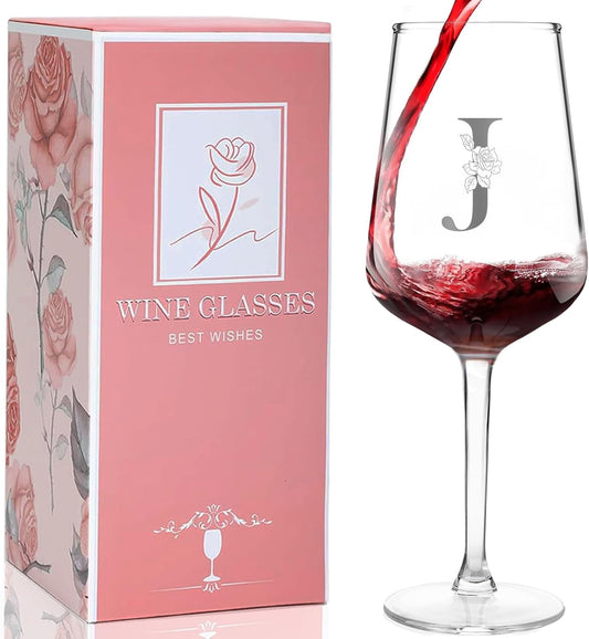 Personalized Wine Glass Gifts for Women, Monogrammed A-Z Wine Glass with Gift Box & Greeting Card, Customized Wine Glasses Initial Wine Glasses Gift for Birthday, Mothers Day, Best Friend, Sister (J)