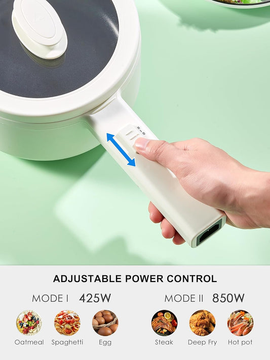 Hot Pot Electric With Steamer, 1.6L Ramen Cooker Non-Stick Sauté Pan for Steak, Egg, Fried Rice, Ramen, Oatmeal, Soup, Portable Personal Perfect Suit Dorm Room and Apartment (White)