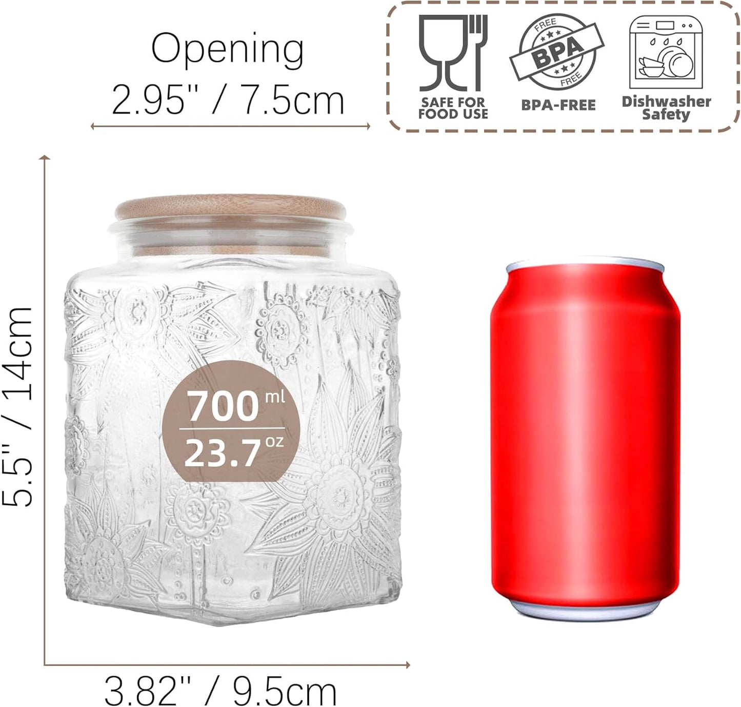 Glass Storage Jars With Airtight Lid, 23.7oz Canister For Kitchen Counter with Bamboo Lid, brown sugar, candy, coffee, cookie, salt, tea,pantry cute Jar (Square Sunflower)