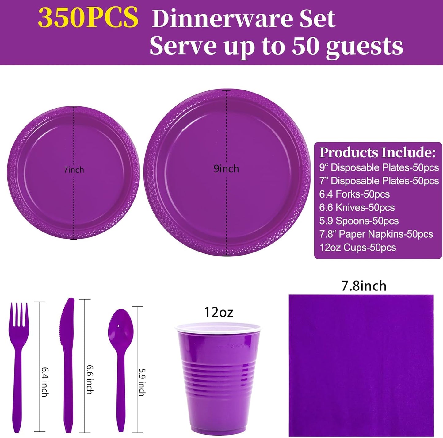 MirthMood 350Pcs Purple Party Supplies, Purple Plastic Dinnerware Set, Including Plates and Napkins, Plastic Cutlery and 12OZ Cups
