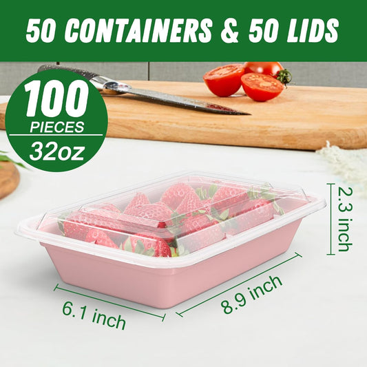 50 Pack (100-Piece) 32 oz Meal Prep Containers Reusable with Easy Open Lids, Sturdy Leakproof Food Safe, Microwave Freezer Dishwasher Safe, To Go Take Out Plastic Food Storage Pans with Lids, Pink