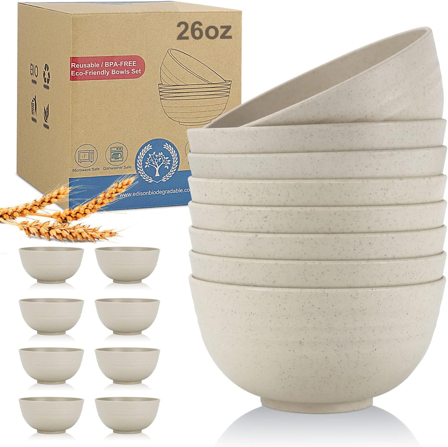 Wrova Wheat Straw Bowl Sets,8 PCS Unbreakable Cereal Bowls 26 OZ,Microwave and Dishwasher Safe Bowls, Kitchen Bowl suitable for cereal,salad,snack and soup (Beige)