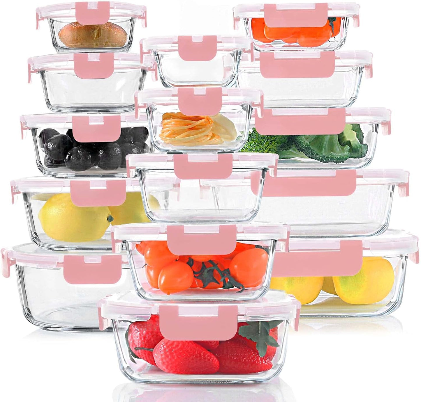 KOMUEE 30 Pieces Glass Food Storage Containers Set, Meal Prep Containers Set with Snap Locking Lids, Airtight Glass lunch Containers, Microwave, Oven, Freezer & Dishwasher,Pink