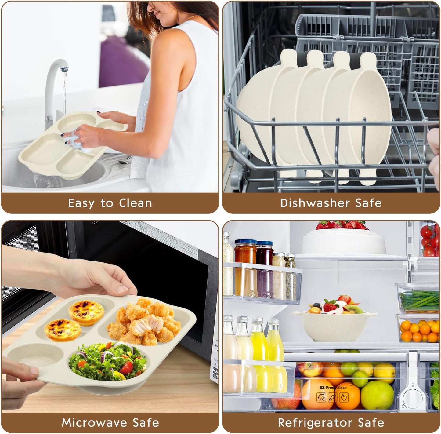 24 PCS Wheat Straw Dinnerware Set for Kids Toddler Plate Bowl Cup Set Unbreakable BPA-Free Tableware with Divided Plate Microwave Dishwasher Safe Perfect for Home School Picnics