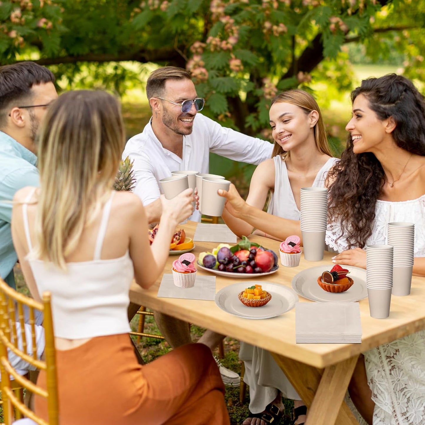 Tioncy 200 Pcs Disposable Paper Plates Cups and Napkins Party Supplies Serve 50 Guests Disposable Paper Dinnerware Set for Halloween Birthday Wedding Baby Shower Family Picnic(Ivory)