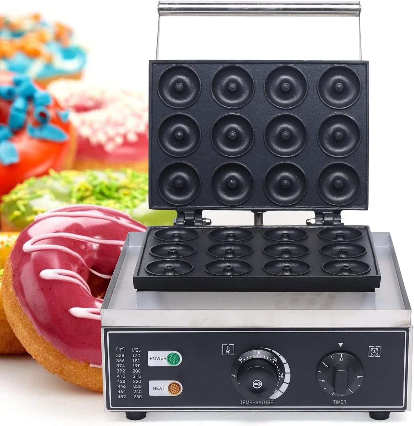 1.96 INCH 12 PCS Mini Doughnut Maker Commercial Waffle Maker Machine Electric Nonstick Round Waffle Maker 1500W 110V Round Doughnut Waffle Machine Great Choice for Bakery, Restaurant Silver and Black