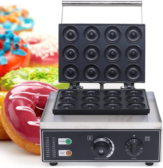 1.96 INCH 12 PCS Mini Doughnut Maker Commercial Waffle Maker Machine Electric Nonstick Round Waffle Maker 1500W 110V Round Doughnut Waffle Machine Great Choice for Bakery, Restaurant Silver and Black