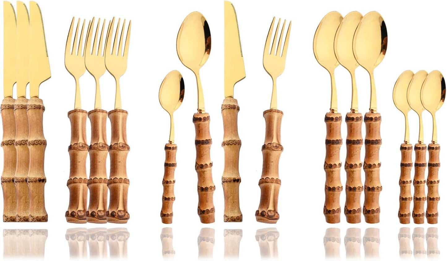 JASHII 16 Pieces Bamboo Handle Silverware Set Natural Bamboo Stainless Steel Flatware Cutlery Utensils,Service for 4, Include Knife Fork Spoon Teaspoon. - Bamboo Gold