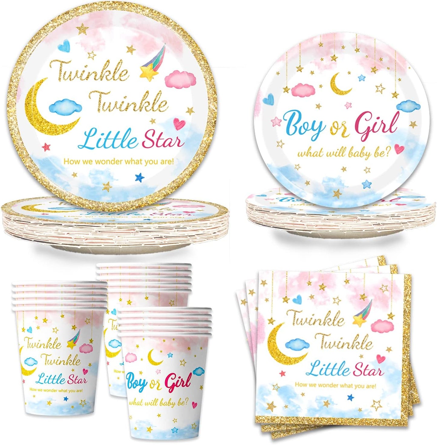 96Pcs Twinkle Twinkle Little Star Gender Reveal Party Supplies Tableware Set little Star Baby Shower Plates Napkins Forks Dinnerware for Baby Shower Decorations Girls or Boys Theme Party, 24 Guests