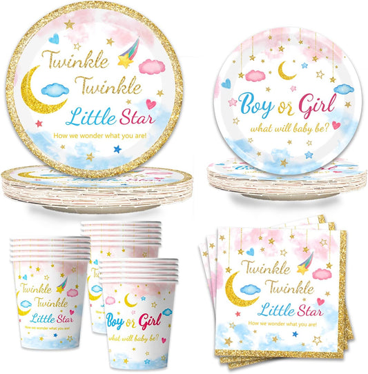 96Pcs Twinkle Twinkle Little Star Gender Reveal Party Supplies Tableware Set little Star Baby Shower Plates Napkins Forks Dinnerware for Baby Shower Decorations Girls or Boys Theme Party, 24 Guests