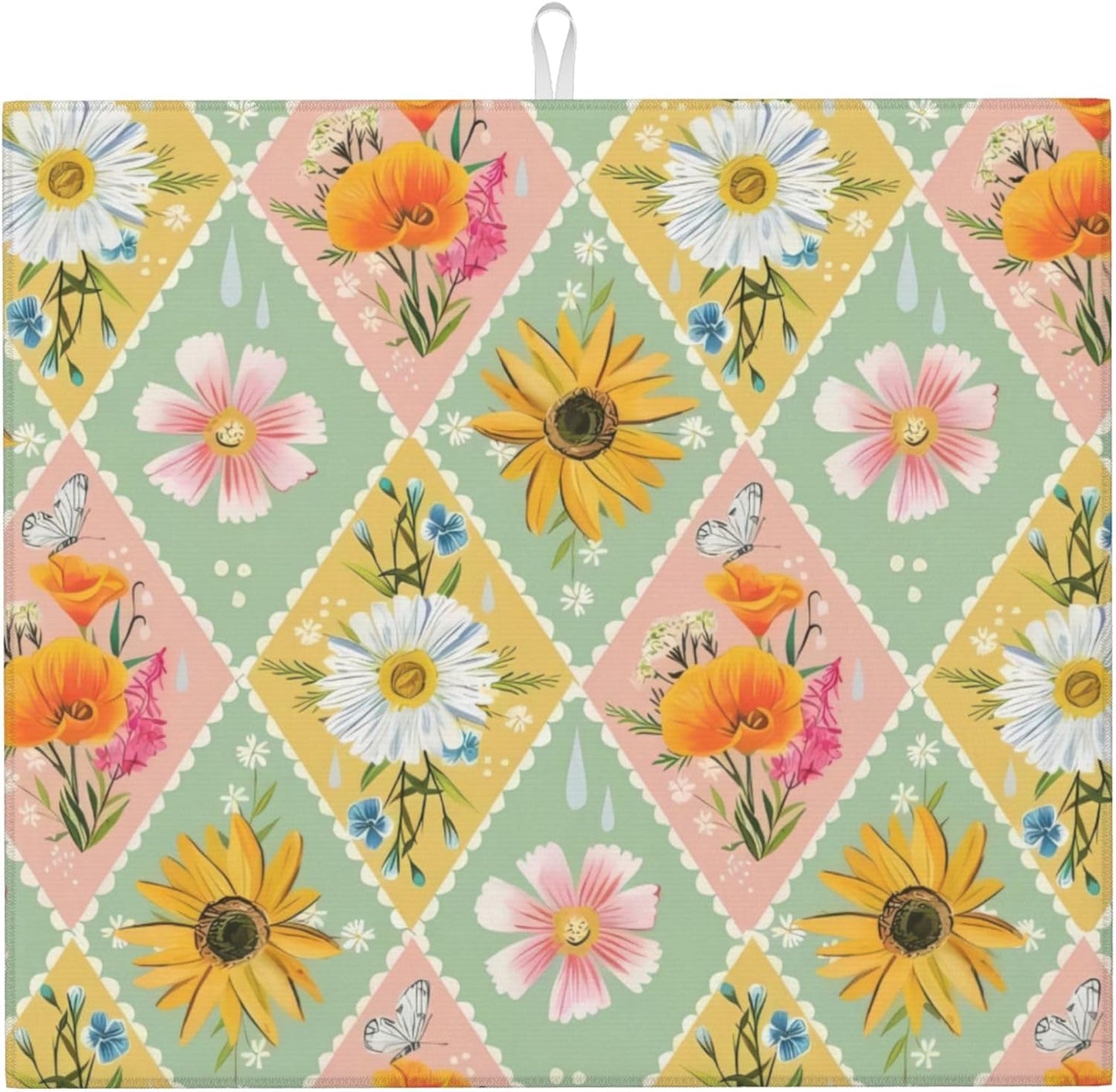 Daisy Flowers Dish Drying Mat 16x18 Inch, Microfiber Absorbent Fast Dry Mat Floral Large Dish Mat Drying Kitchen Mat, Kitchen Drying Pad for Kitchen Counter Coffee Bar Decor Gifts