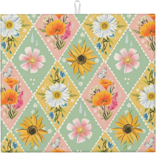 Daisy Flowers Dish Drying Mat 16x18 Inch, Microfiber Absorbent Fast Dry Mat Floral Large Dish Mat Drying Kitchen Mat, Kitchen Drying Pad for Kitchen Counter Coffee Bar Decor Gifts