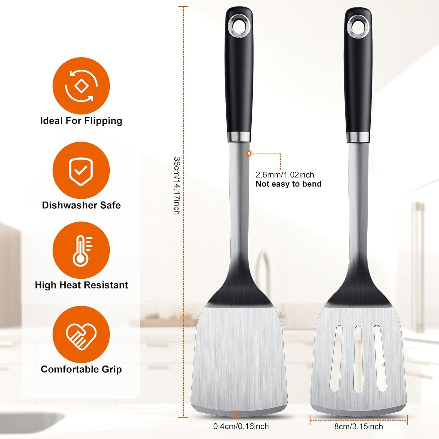 Stainless Steel Spatula Set, 2 Piece Heavy Duty Turner/Metal Spatula, High Heat Resistant Kitchen Cooking Utensils, Ideal Cookware for Frying Steak, Fish, Eggs or Pancakes