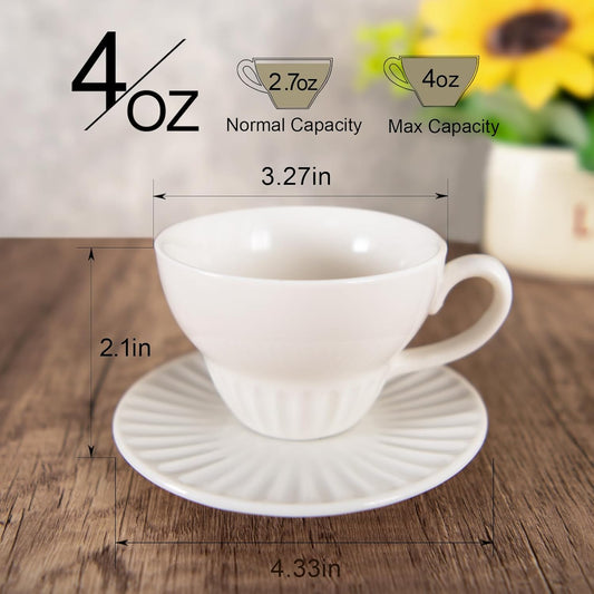4 oz White Espresso Cups Set of 2, Ceramic Cappuccino Cups with Saucers, Durable Porcelain Tea Set & Modern Coffee Cup Collection, Coffee Lover Gifts