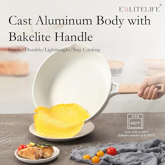 ESLITE LIFE Nonstick Ceramic Frying Pan Skillet with Lid, Non-Toxic Egg Omelette Kitchen Cooking Pans Compatible with All Stovetops (Gas, Electric & Induction), PTFE & PFOA Free (White, 11" w/Lid)