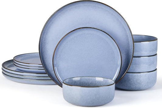E-far 12-Piece Reactive Glaze Dinnerware Sets, Ceramic Dishes Set for 4, Stoneware Plates and Bowls Dinning Ware, Microwave & Dishwasher Safe - Ocean Blue