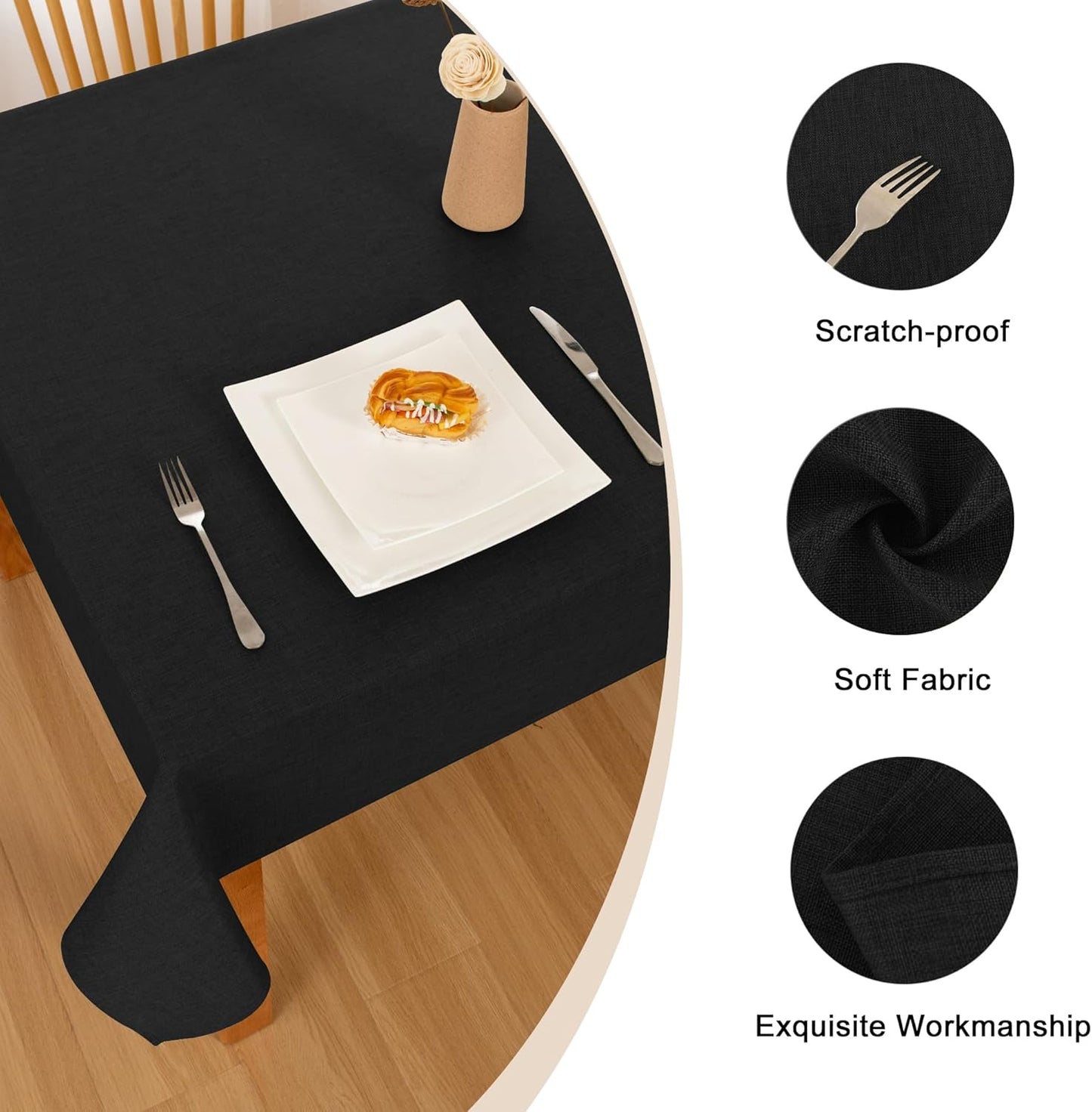 Hiasan Faux Linen Rectangle Tablecloth - Wrinkle and Stain Resistant Washable Table Cloth for Kitchen Dining Room Holiday Table Cover for Party Dinner, Black, 60 x 102 Inch