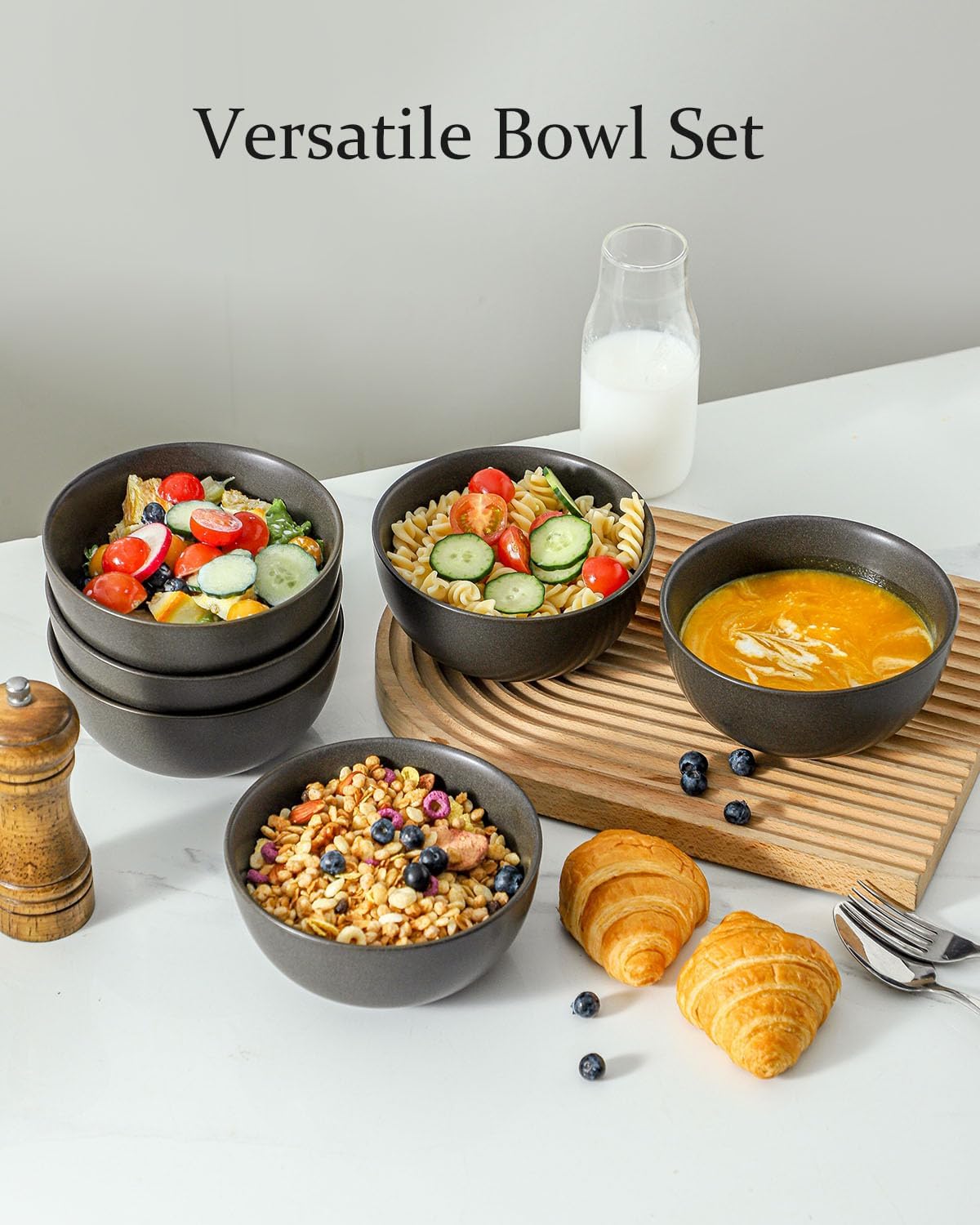 Stoneware Soup Bowls, 24 oz Cereal Bowls Set of 6 for Kitchen, Ceramic Bowls Set for Oatmeal, Dessert, Noodle, Cute Bowls Set for Gift, Dishwasher Microwave Oven Safe, Matte Black