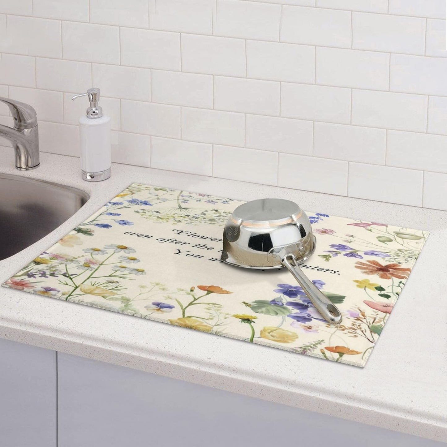 Inspirational Flower Language Dish Drying Mat 18x24 Inch, Microfiber Absorbent Fast Dry Mat Daisy Floral Large Dish Mat Drying Kitchen Mat, Kitchen Drying Pad for Kitchen Counter Decor