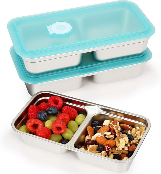 YQL 3 Pack Stainless Steel Snack Containers with Lids, Double Compartment Snack Box for Lunch Prep, Reusable Leakproof Bento Box, Food Storage Containers for Travel, Office, Camping