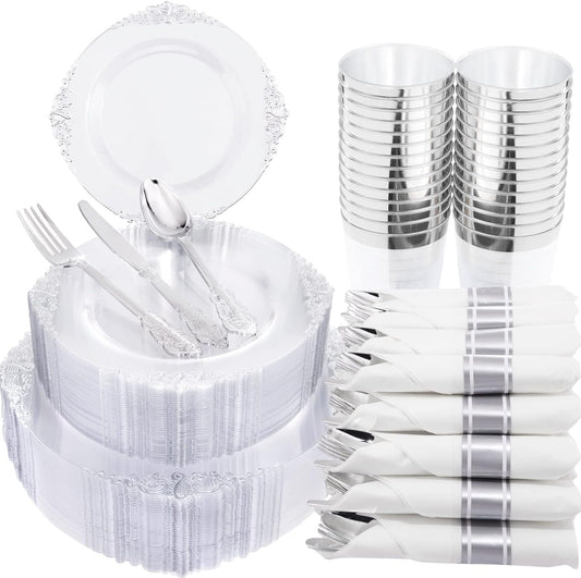 Morejoy 350PCS Clear Silver Plastic Plates - Silver Disposable Plates sets Include 50 Dinner Plates,50 Salad Plates,50 Forks,50 Knives, 50 Spoons，50 Cups, 50 Rolled Napkins for Wedding & Party