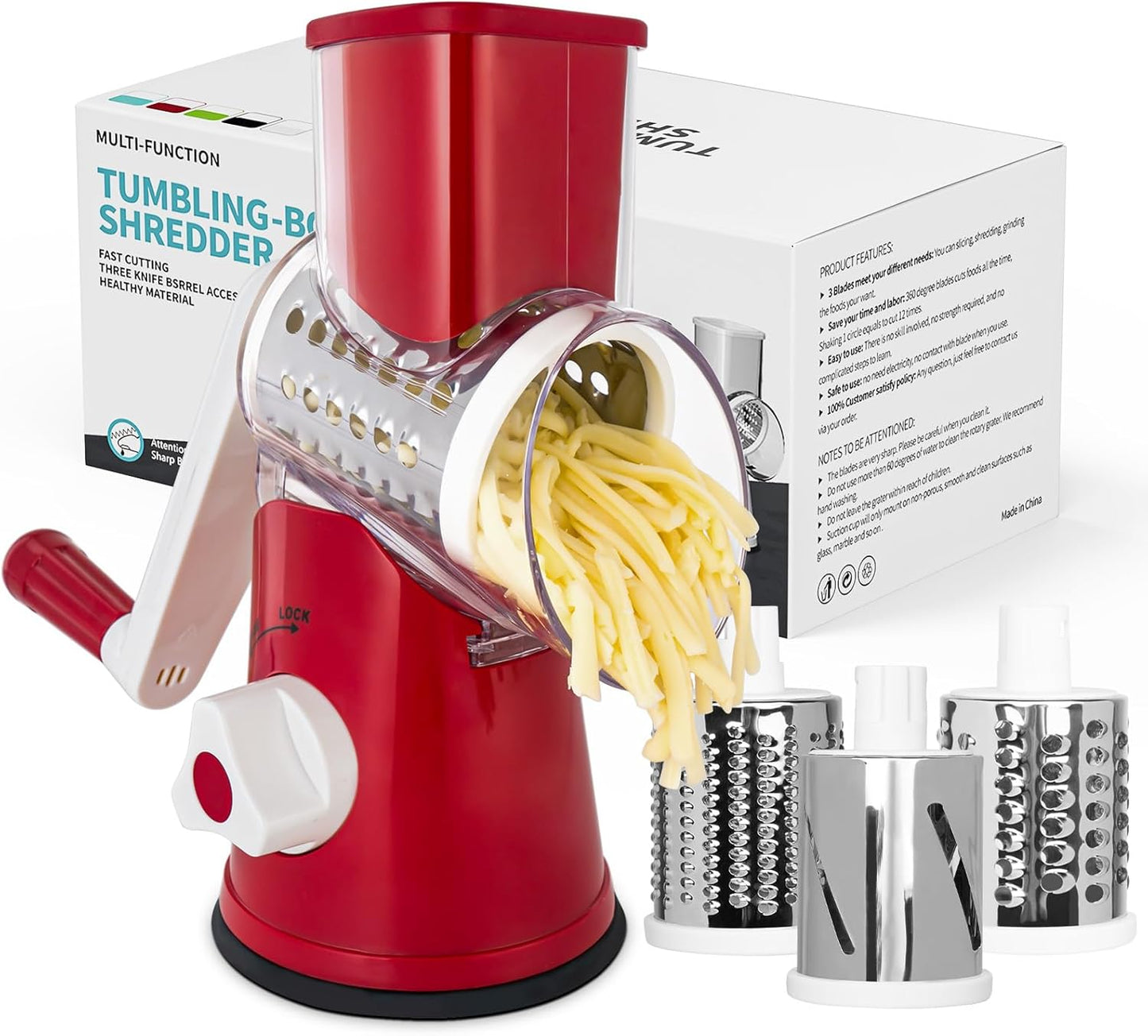 X Home Rotary Cheese Grater for Kitchen, Shredder with 3 Interchangeable Blades, Rotary Grater with Handle and Strong Suction Base, for Vegetables, Fruit, Nuts, Easy to Use and Clean, Red