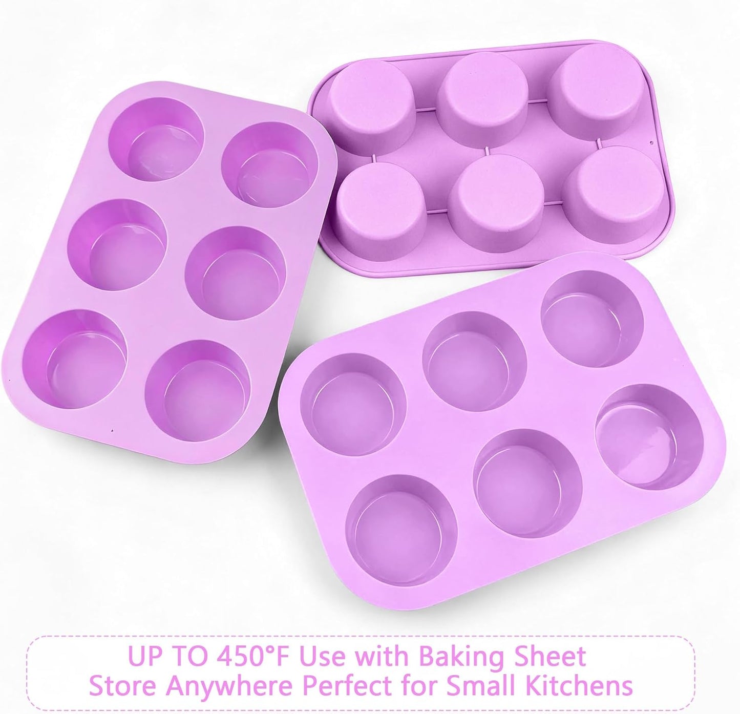3-Pack 6-Cup Silicone Muffin Pans, Nonstick Cupcake Baking Molds, Muffin Cupcake Pans Molds for Baking, BPA/PFA-Free, Dishwasher & Oven Safe - Purple