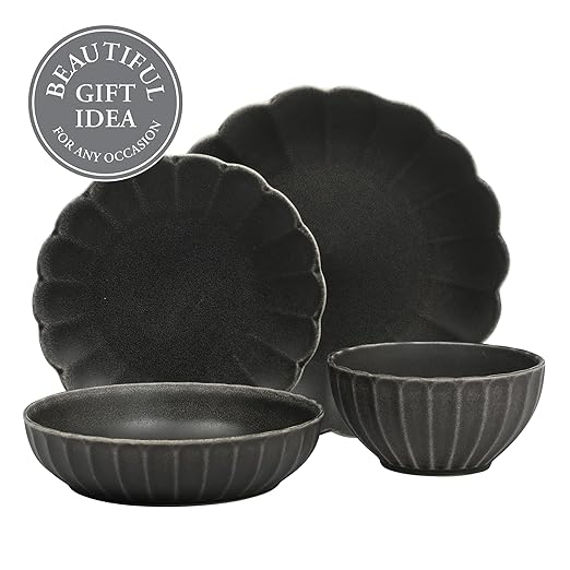Gibson Elite Malibu Shore 16 Piece Scallop Stoneware Reactive Glaze (Service for 4) Ceramic Plates and Bowls Dinnerware Set - Black