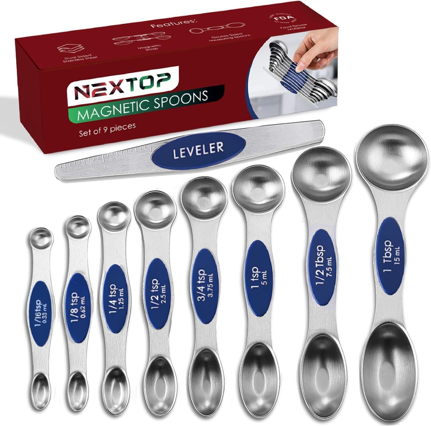 Magnetic Measuring Spoons Set of 9 Stainless Steel Dual-Sided Stackable Measuring Spoon Nesting Teaspoons Measuring Dry and Liquid Ingredients, Fits in Spice Jars Set of 9 (Sapphire)